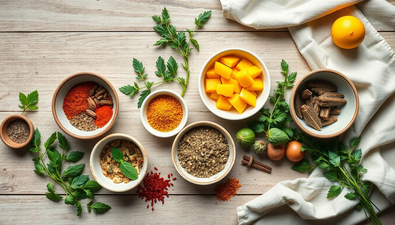 Measured baking ingredients prepared on a counter